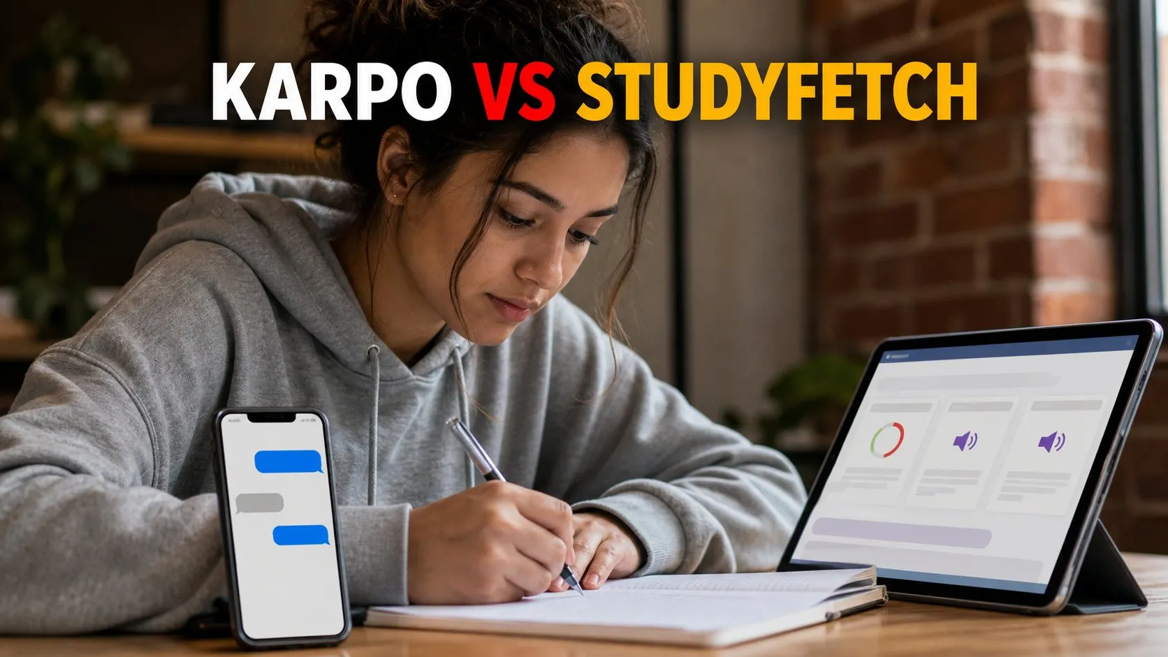 Photorealistic Karpo versus StudyFetch comparison using a portrait action composition