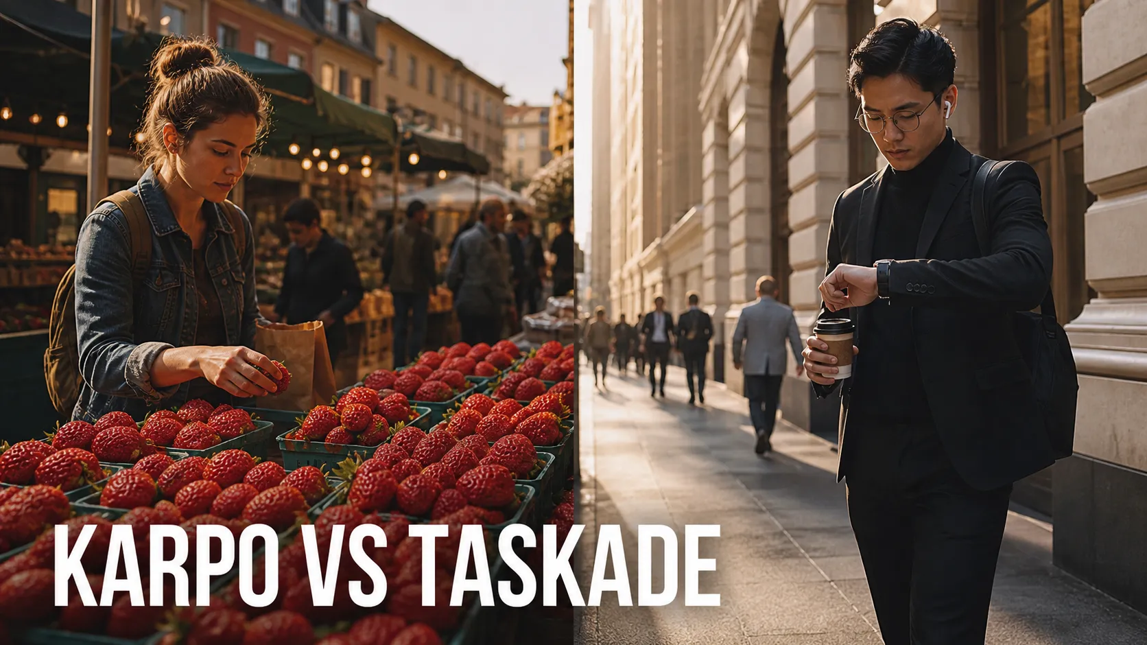 Karpo versus Taskade in a photorealistic editorial comparison.