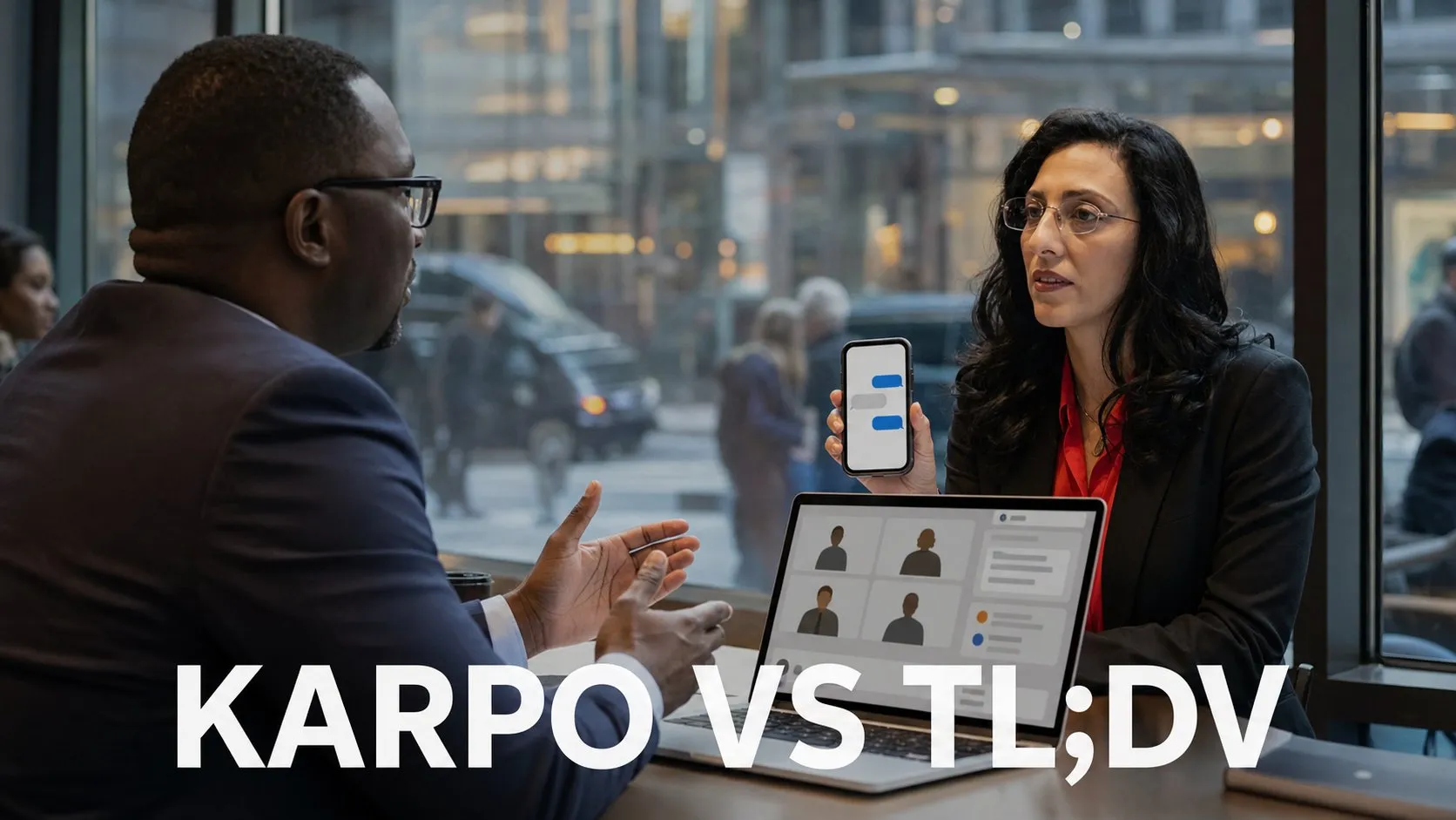 Photorealistic Karpo versus tl;dv comparison using a window reflection composition