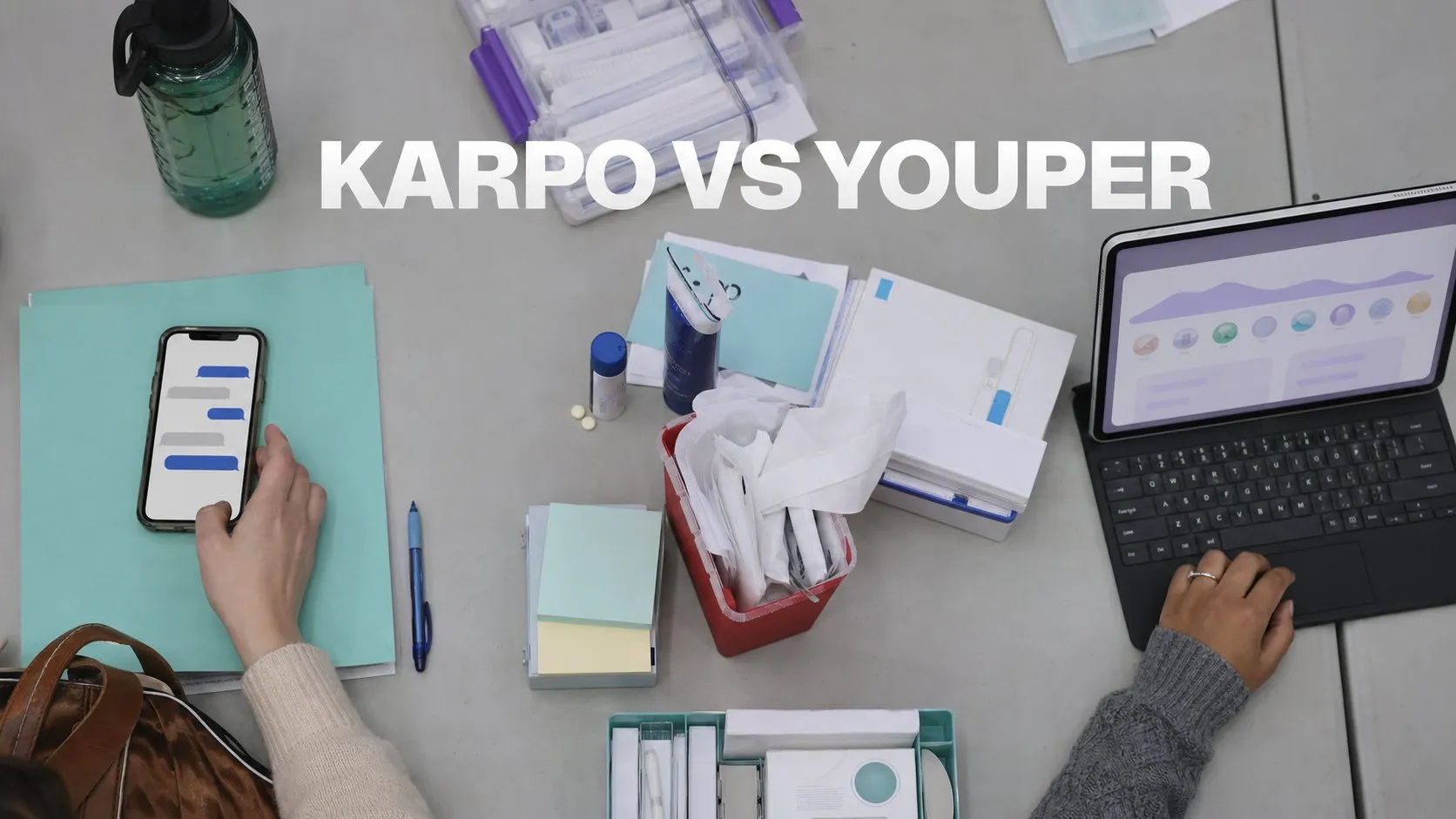 Photorealistic Karpo versus Youper comparison using a object tabletop composition