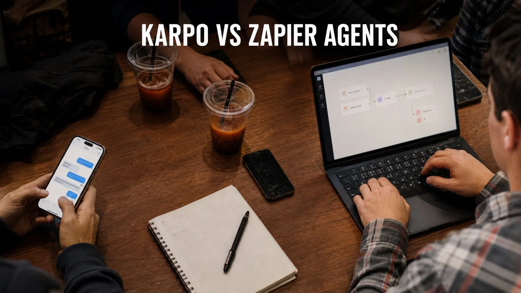 Photorealistic Karpo versus Zapier Agents comparison using a object tabletop composition