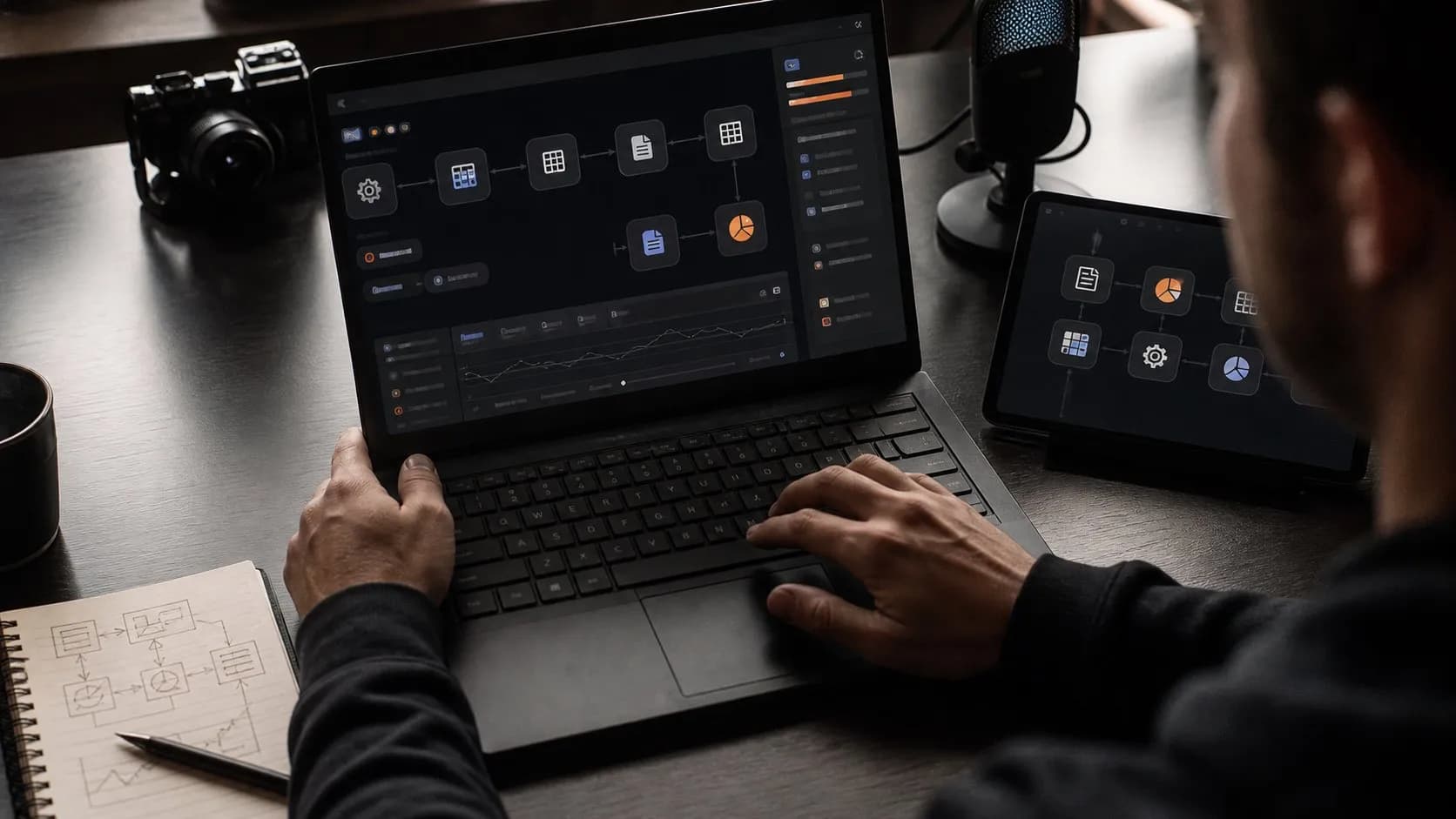 A photorealistic AI automation agents work moment showing where Zapier Agents fits before a city decision