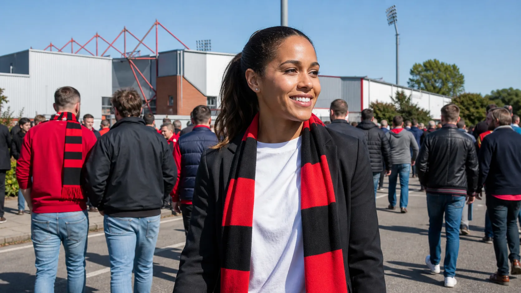Bright realistic stadium exterior image for Alex Scott transfer buzz explainer