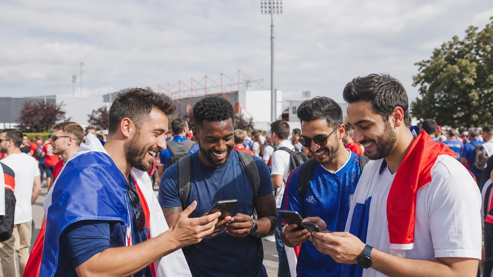 Bright realistic stadium exterior image of fans checking transfer news on phones
