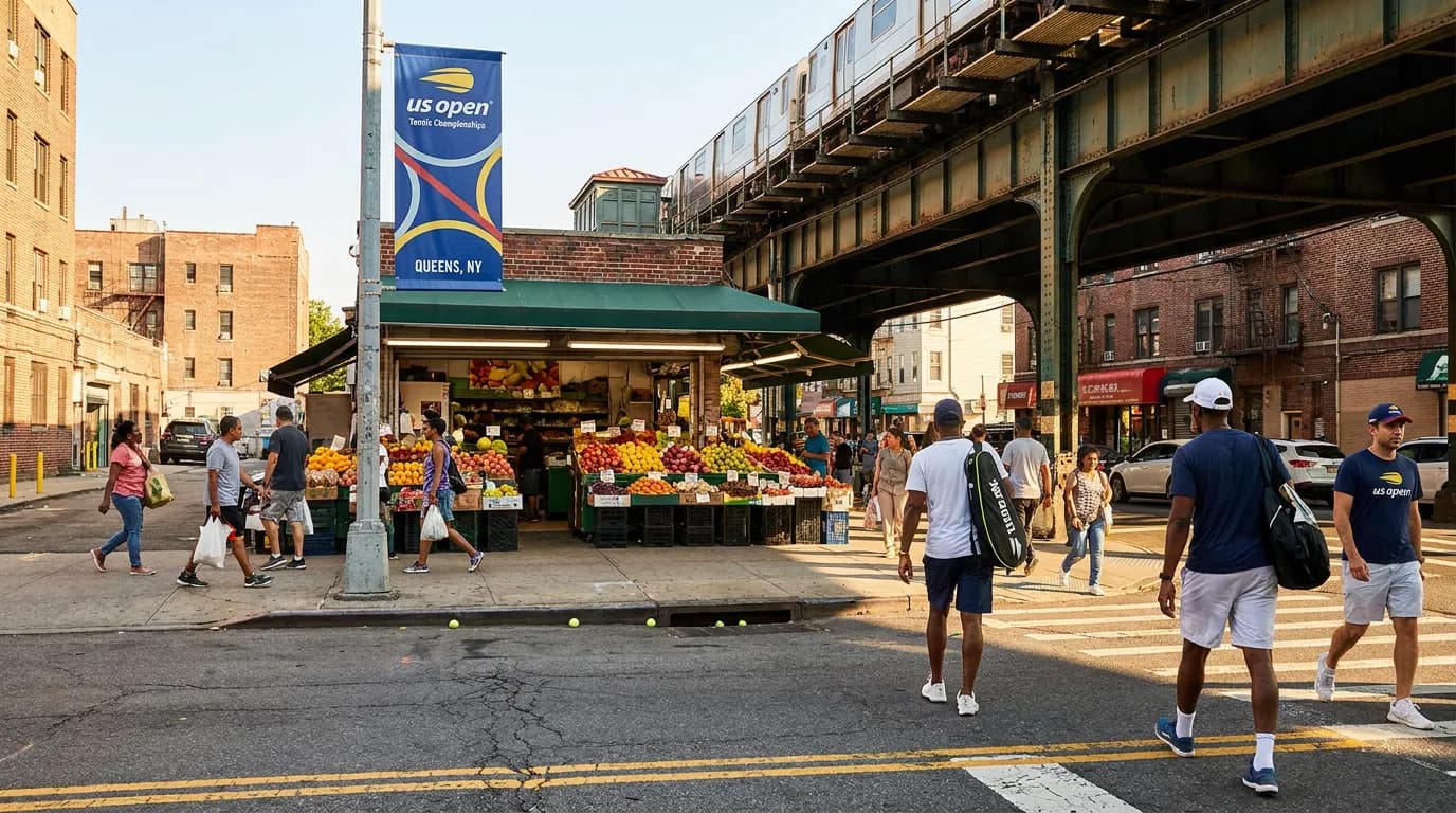 Photorealistic US Open tennis scene for A Local Queens Rhythm for Tournament Week.