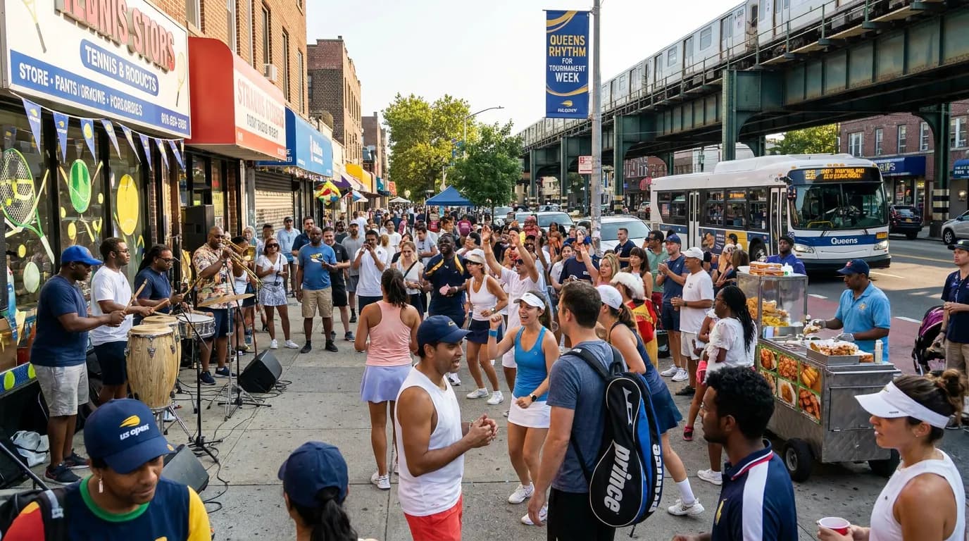 Bright US Open tennis atmosphere illustrating A Local Queens Rhythm for Tournament Week.