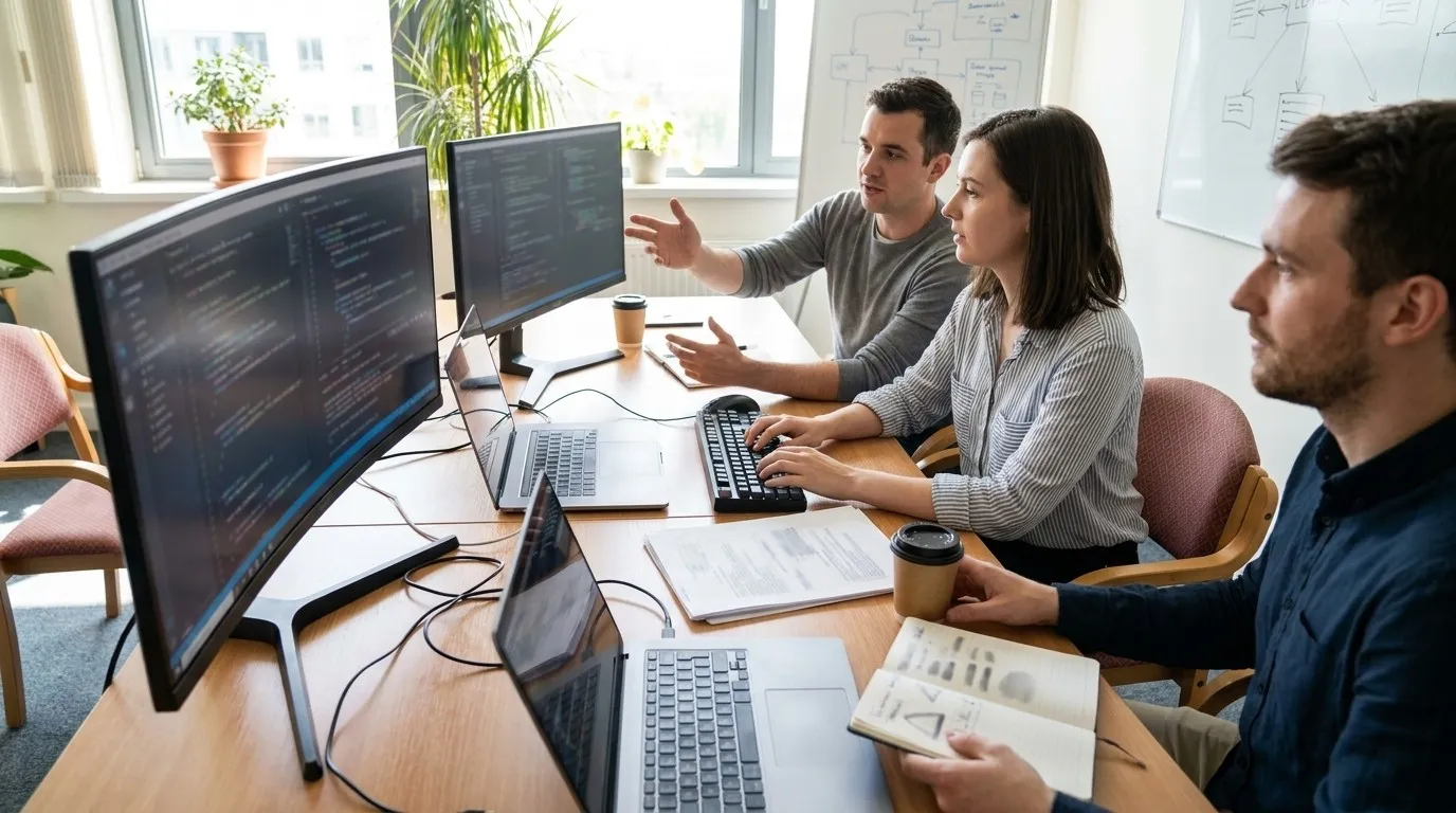 A photorealistic Amazon Q Developer versus Karpo scenario illustrating when amazon q developer is the right call without qualification