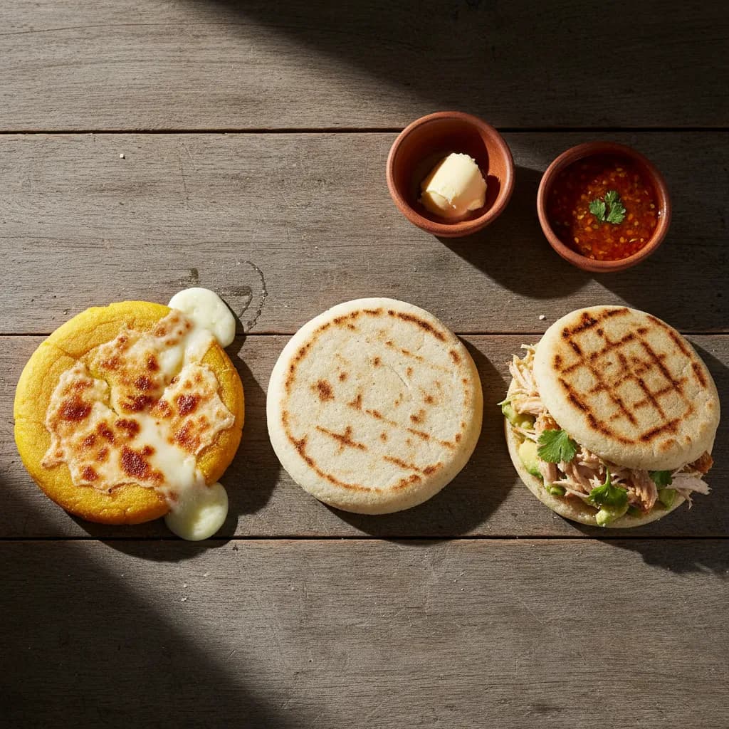 Three arepa styles side by side on a wooden table: a thick golden boyacense, a thin white antioquena, and a stuffed Venezuelan arepa