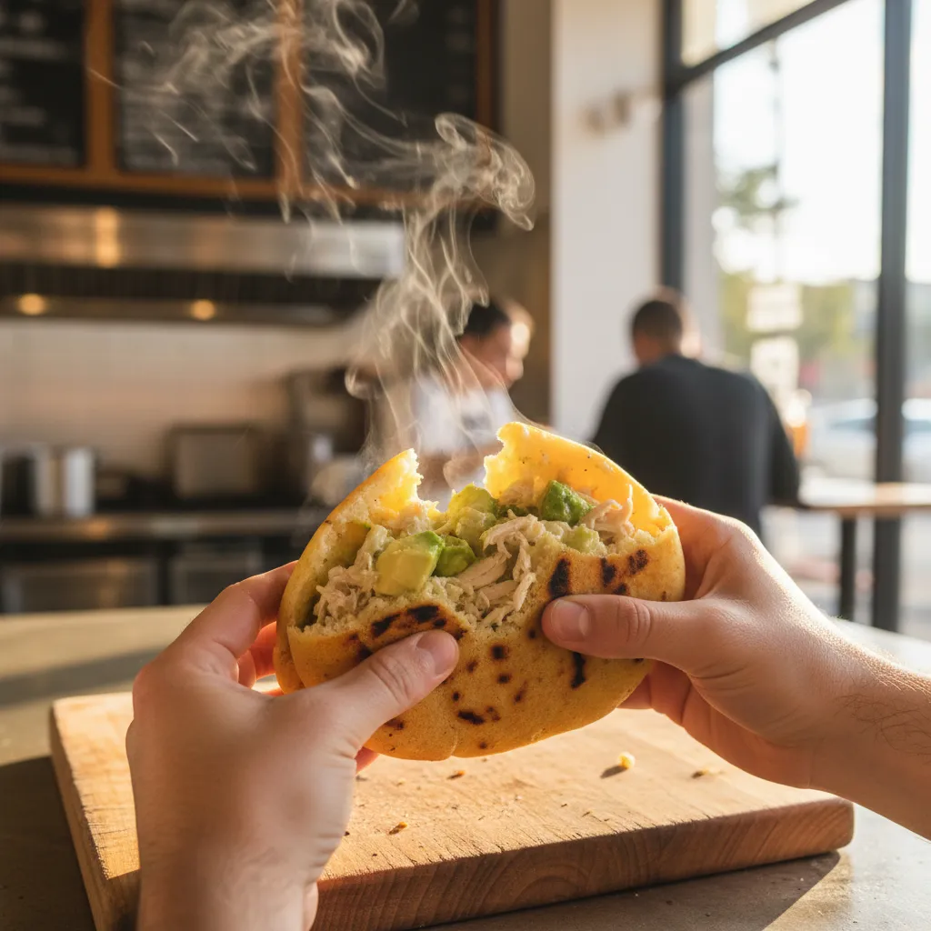 Hands splitting open a grilled Venezuelan arepa filled with reina pepiada chicken and avocado