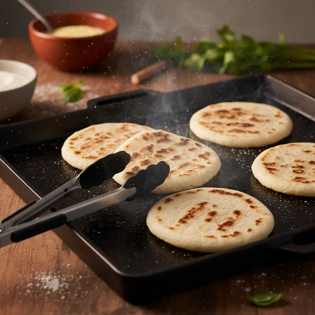 Thin white Colombian arepas toasting on a cast-iron griddle with light char marks