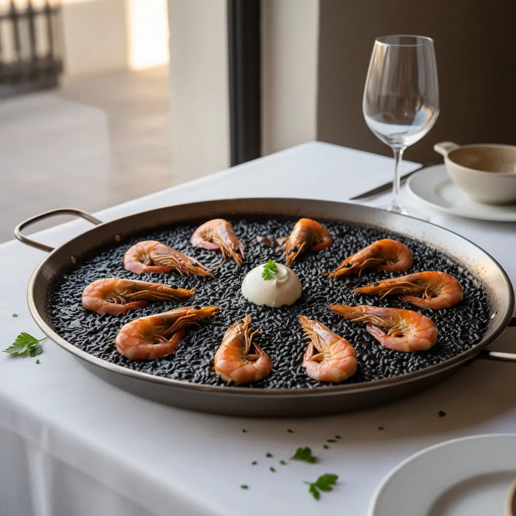 Pan of glossy black arroz negro with prawns and a spoon of aioli on a Spanish restaurant table