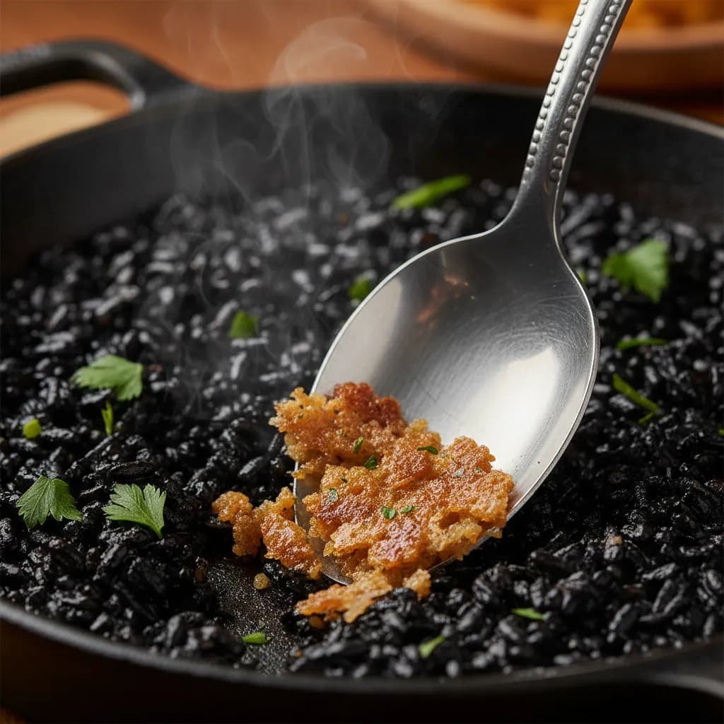 Close-up of socarrat crust being scraped from the bottom of a black squid ink rice pan