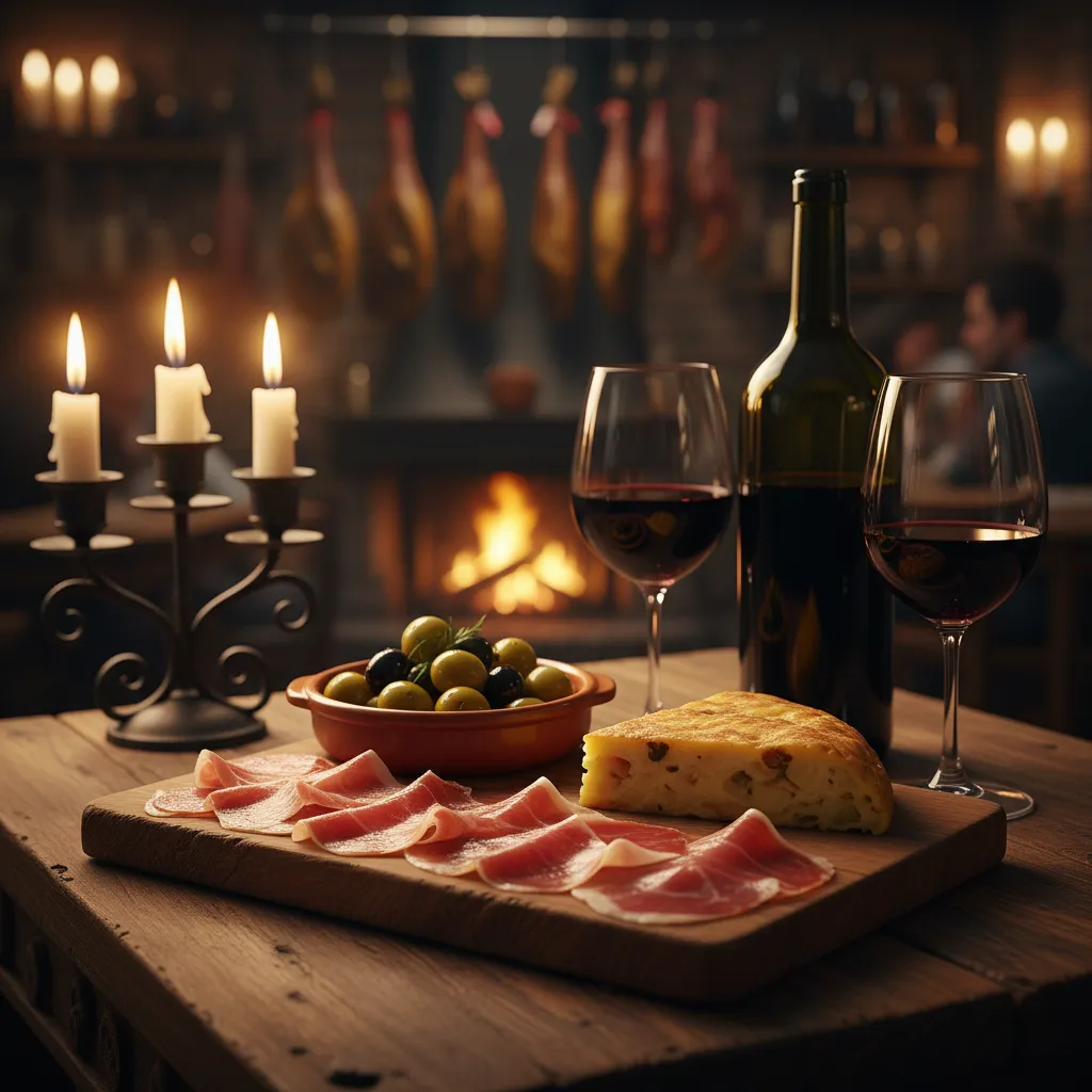 Rustic Spanish tapas spread with wine bottles and jamon on a wooden table in warm evening light