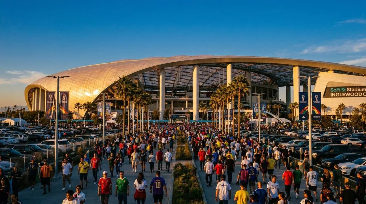 SoFi Stadium exterior at golden hour with World Cup fans approaching