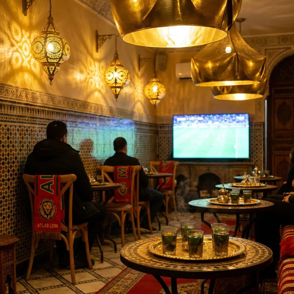 A warm Moroccan café interior in NYC with brass lanterns and mint tea glasses during a World Cup match