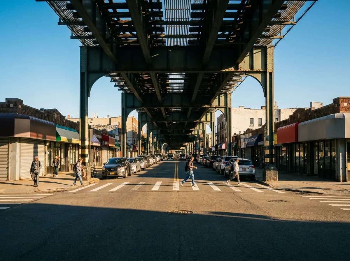 Wide view of the street beneath the elevated subway tracks in Astoria at golden hour, with shops and pedestrians crossing