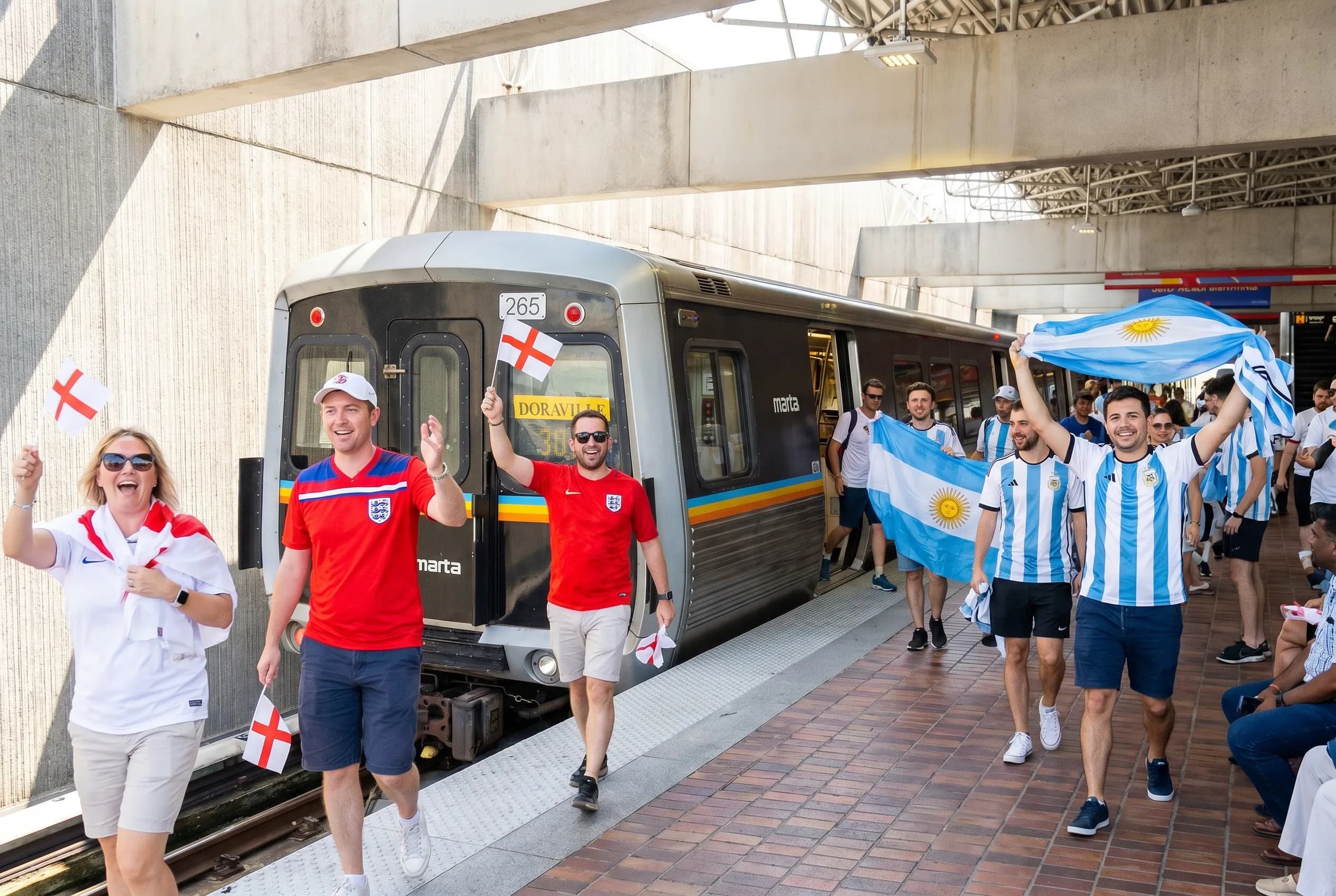 England and Argentina supporters arriving by MARTA for the Atlanta semifinal.