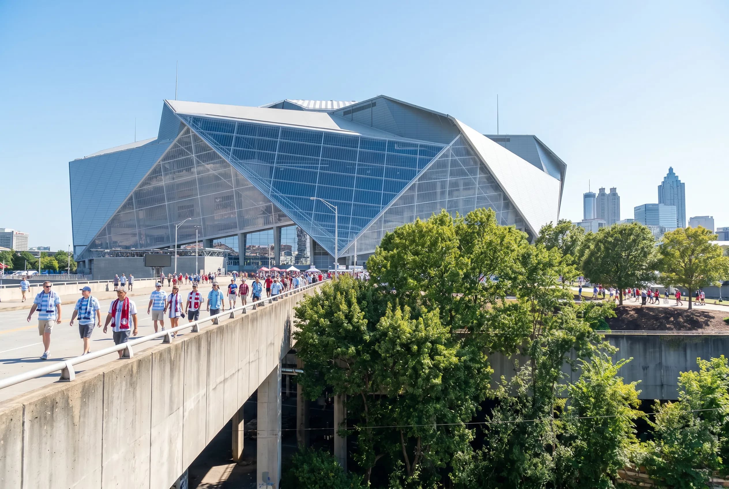 Supporters walking toward Atlanta's angular stadium under a bright summer sky.