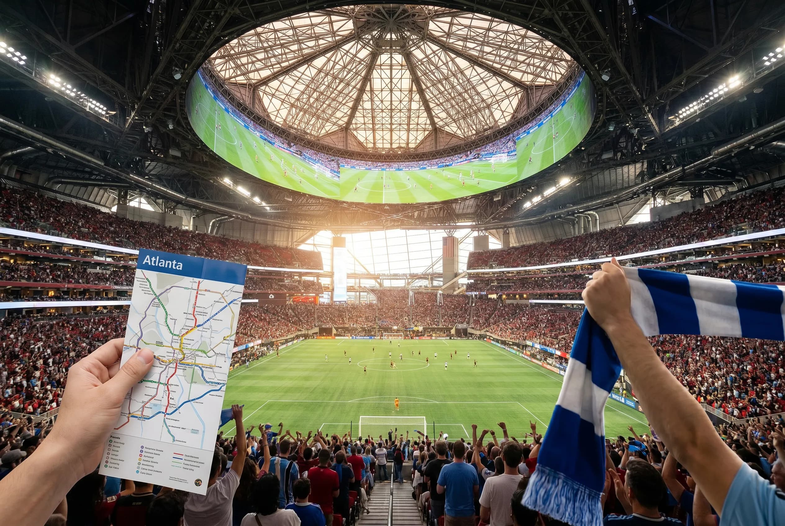 A supporter holds an Atlanta transit map and scarf inside the stadium before kickoff.