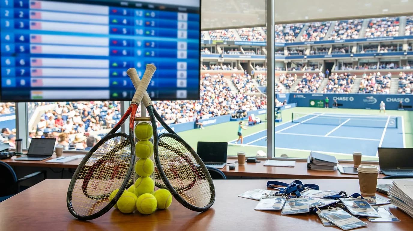 Tennis rackets and balls sit in a bright media room overlooking a US Open-style court and ranking board.