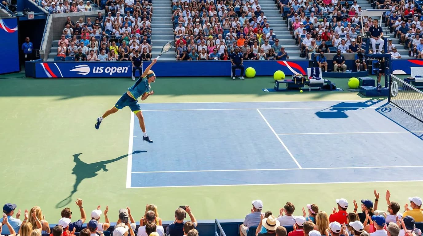 An Alexander Zverev-inspired player serves on a blue hard court from a dramatic high angle.