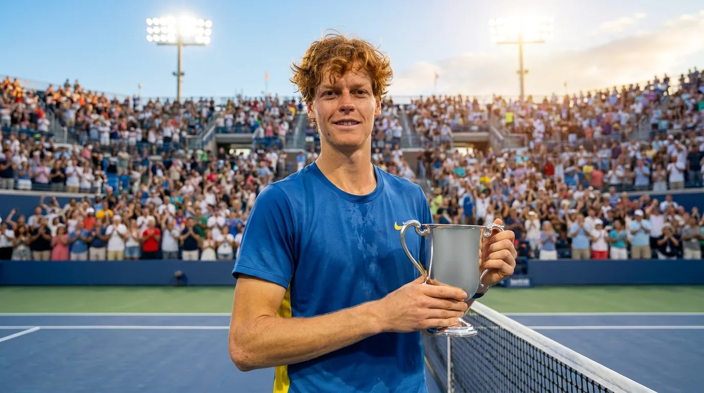 A Jannik Sinner-inspired champion holds a trophy beside the net after a bright hard-court victory.