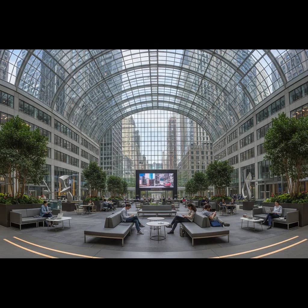 A wide public atrium in Midtown Manhattan with indoor seating.