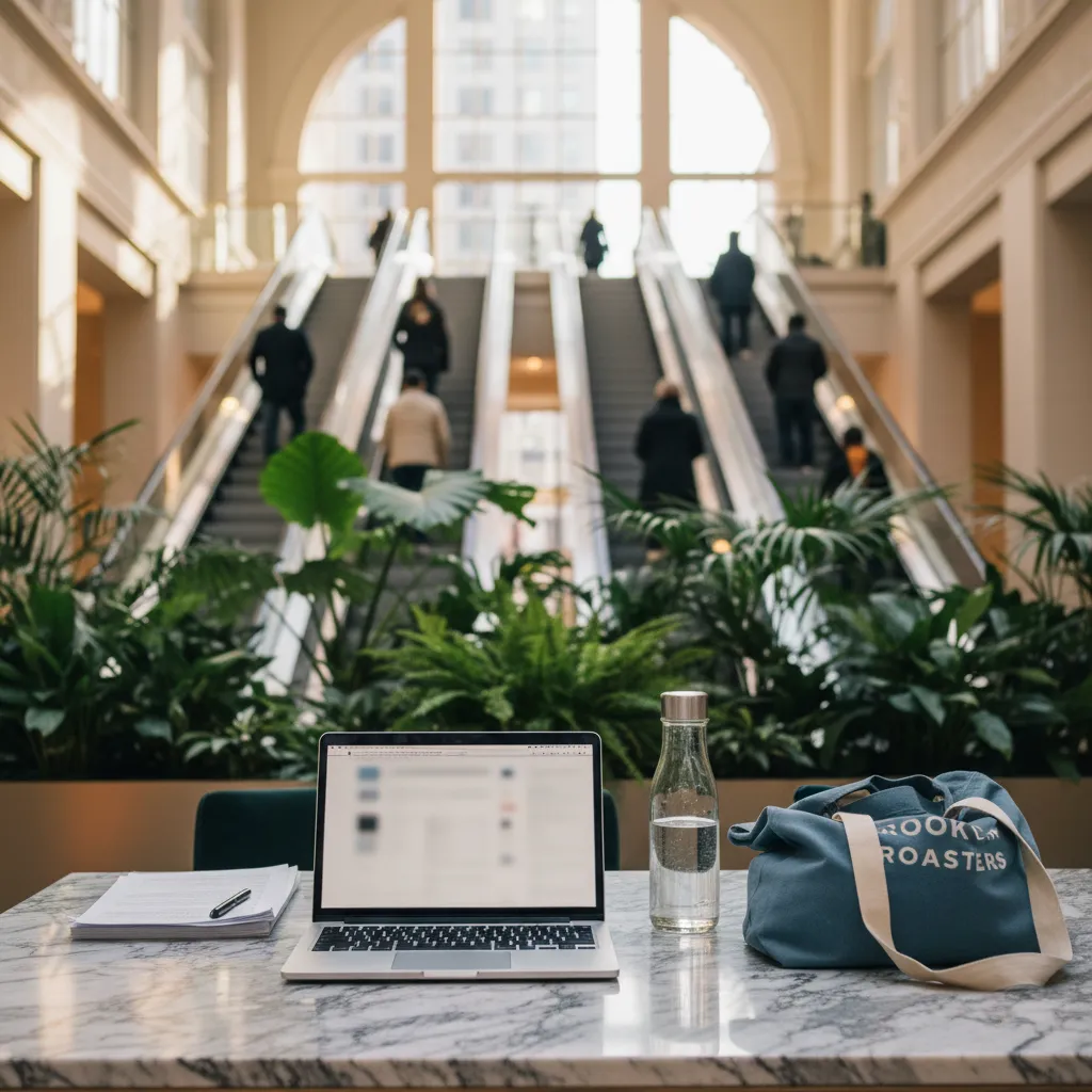 A laptop and water bottle on a table inside a NYC public atrium.