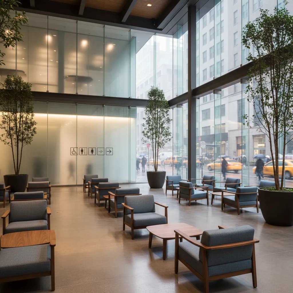 Indoor seating and wayfinding inside a rainy-day NYC public atrium.