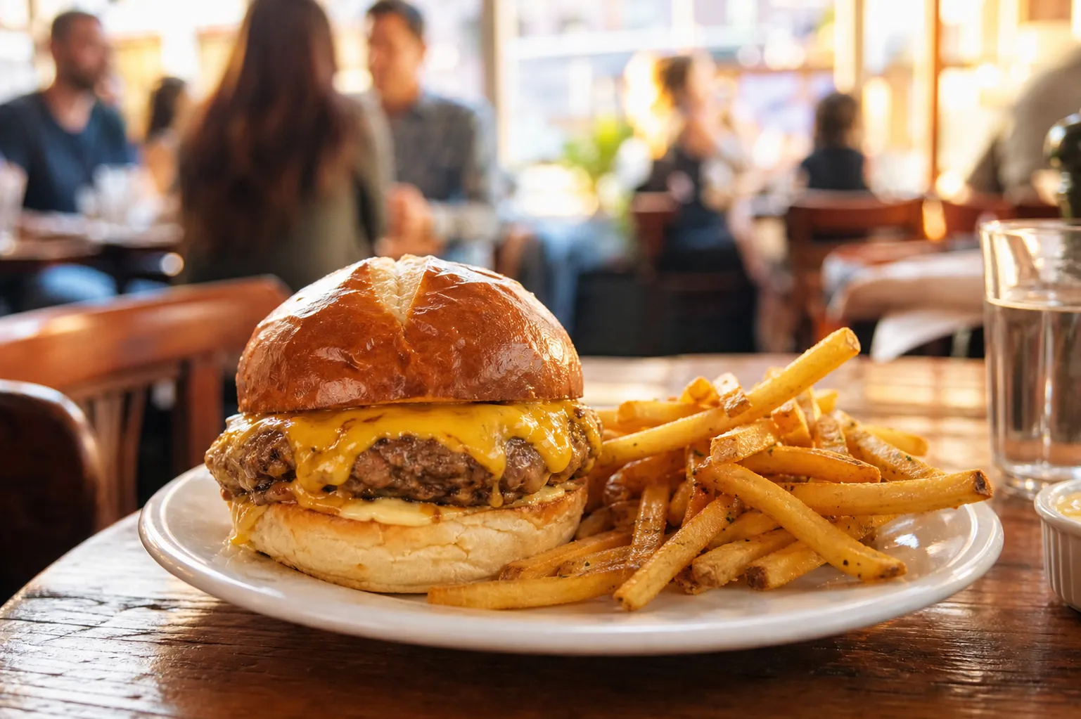 A bright cheeseburger and fries on a restaurant table for an Au Cheval NYC dinner guide