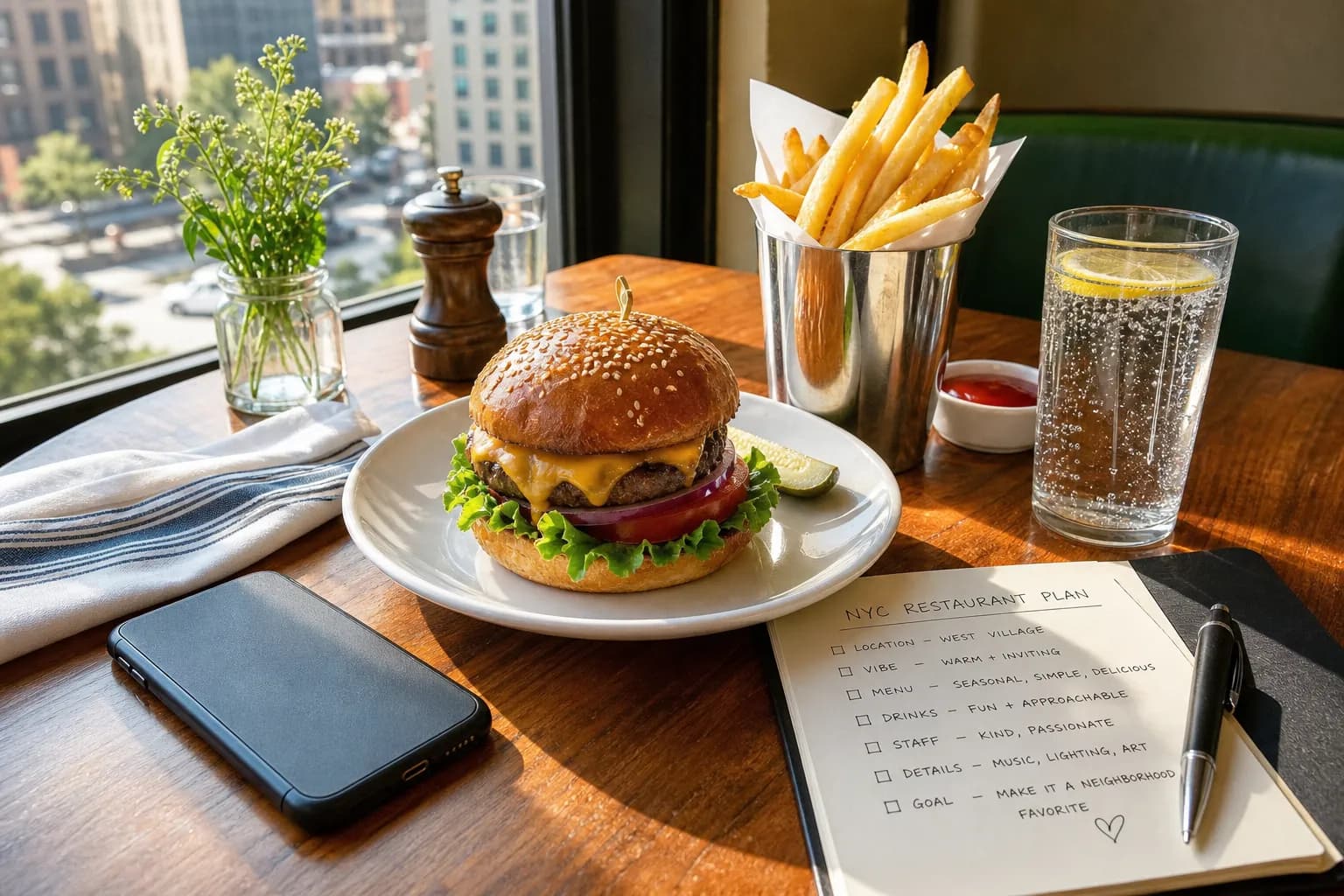 A bright NYC restaurant planning table with a burger, phone, and notebook