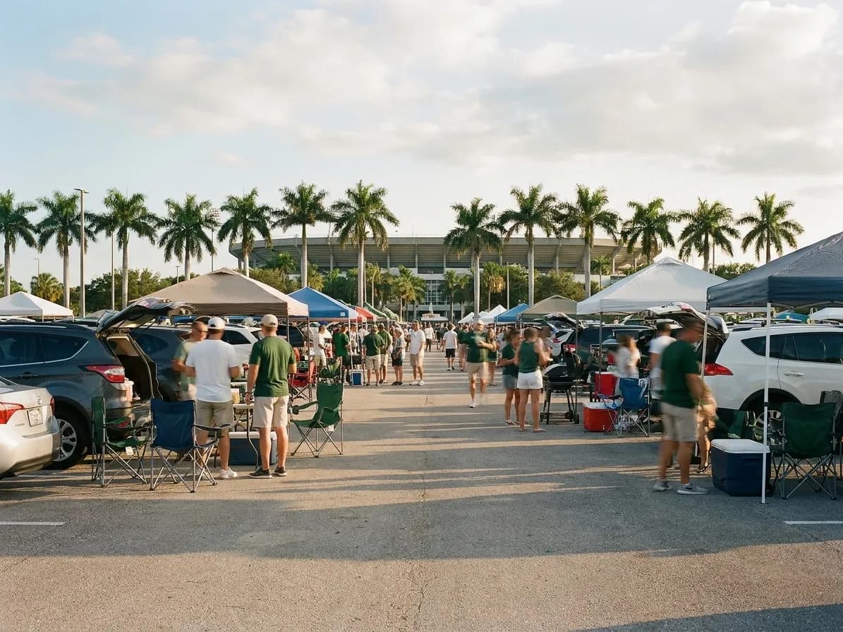 A late-afternoon tailgate crowd spread across a stadium parking lot in Florida, folding chairs and canopies, palms along the far edge