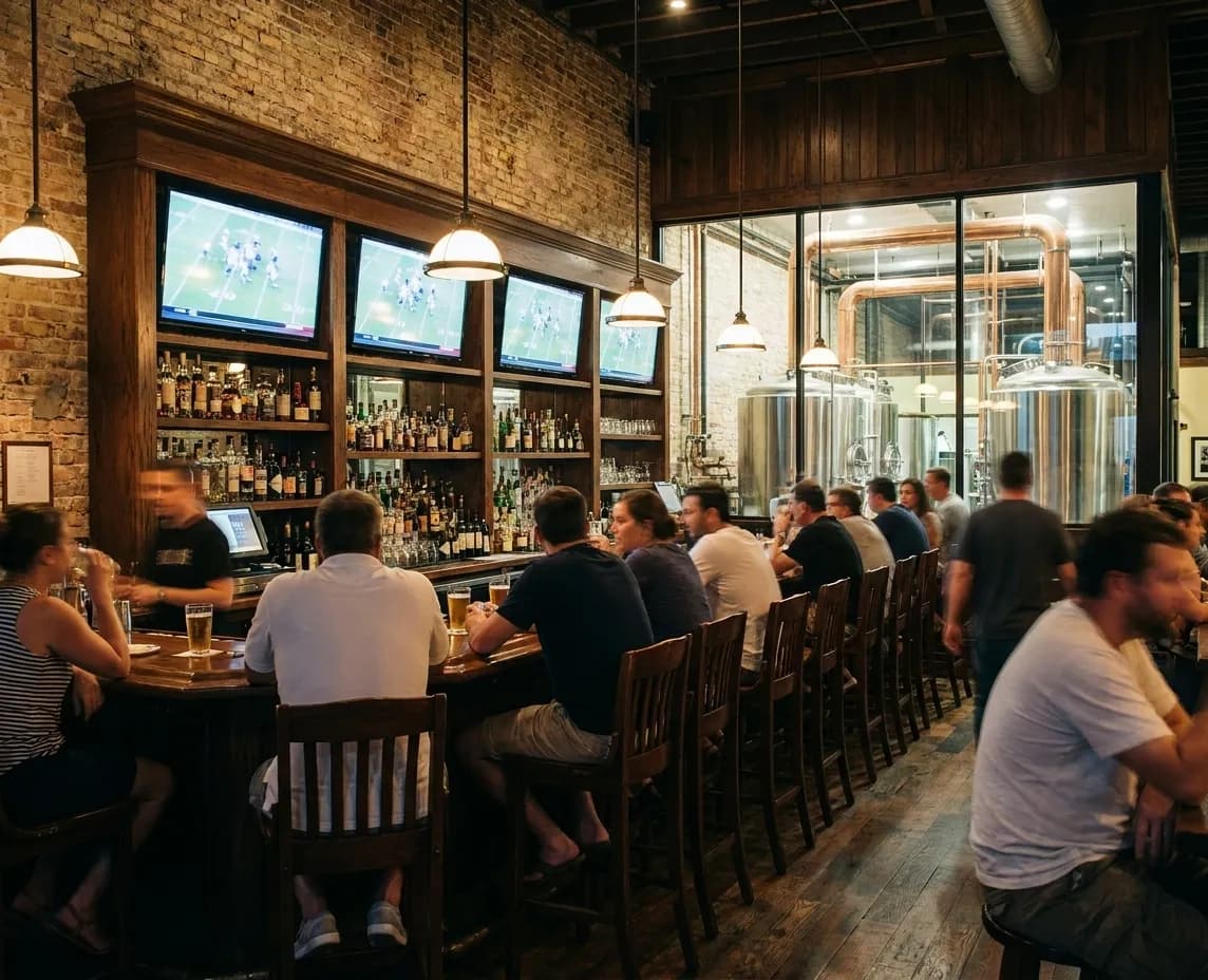 The inside of a Coral Gables brewpub in the early evening, televisions above a long bar, tables filling with a game-day crowd