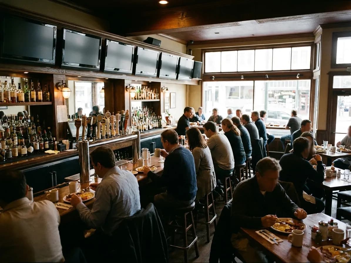 A San Francisco pub interior in the morning, several televisions above the back bar showing a football broadcast, a scattering of early customers