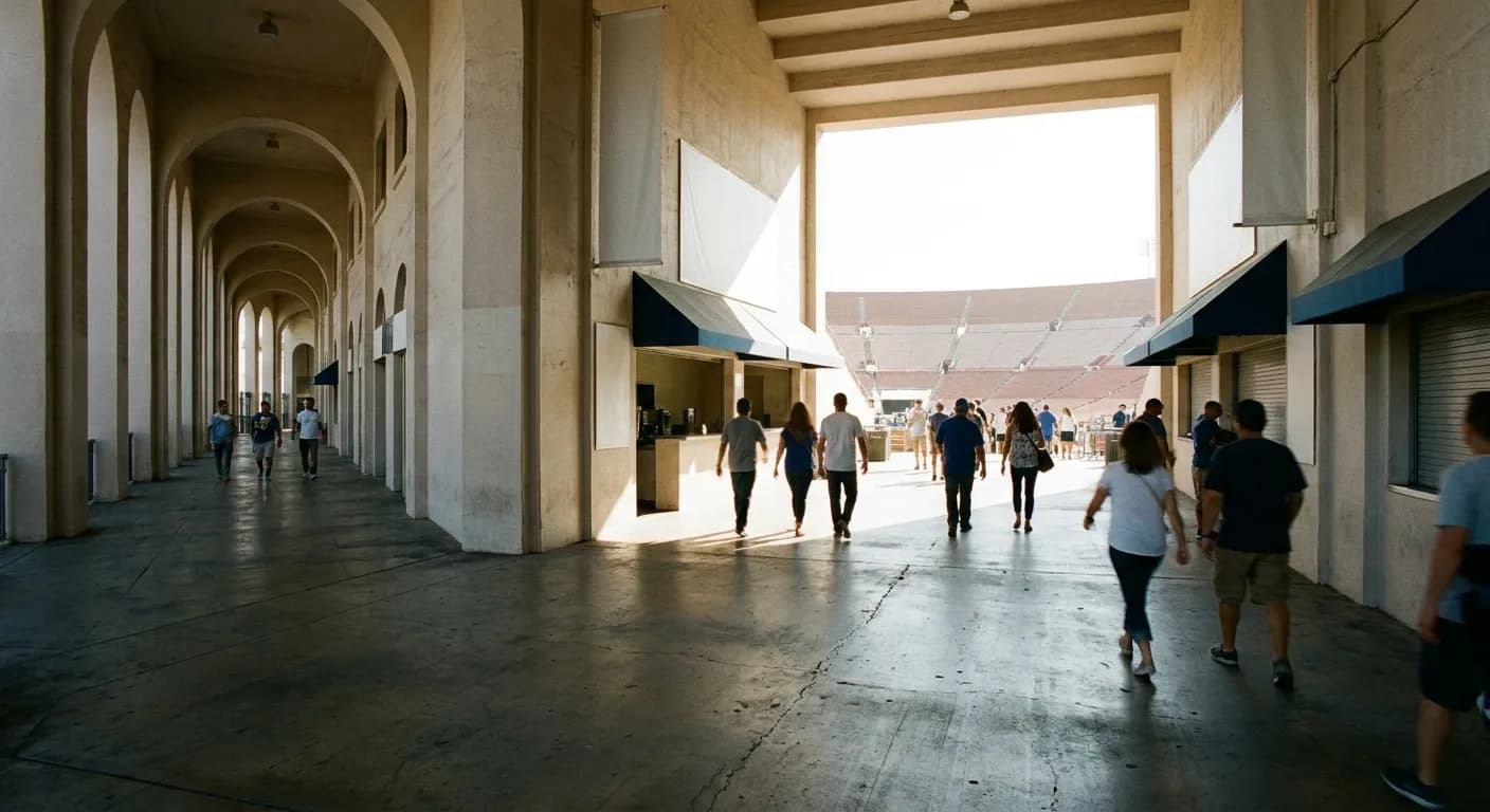 A wide open stadium concourse in daylight, structural columns down one side, a bright opening onto the seating bowl beyond