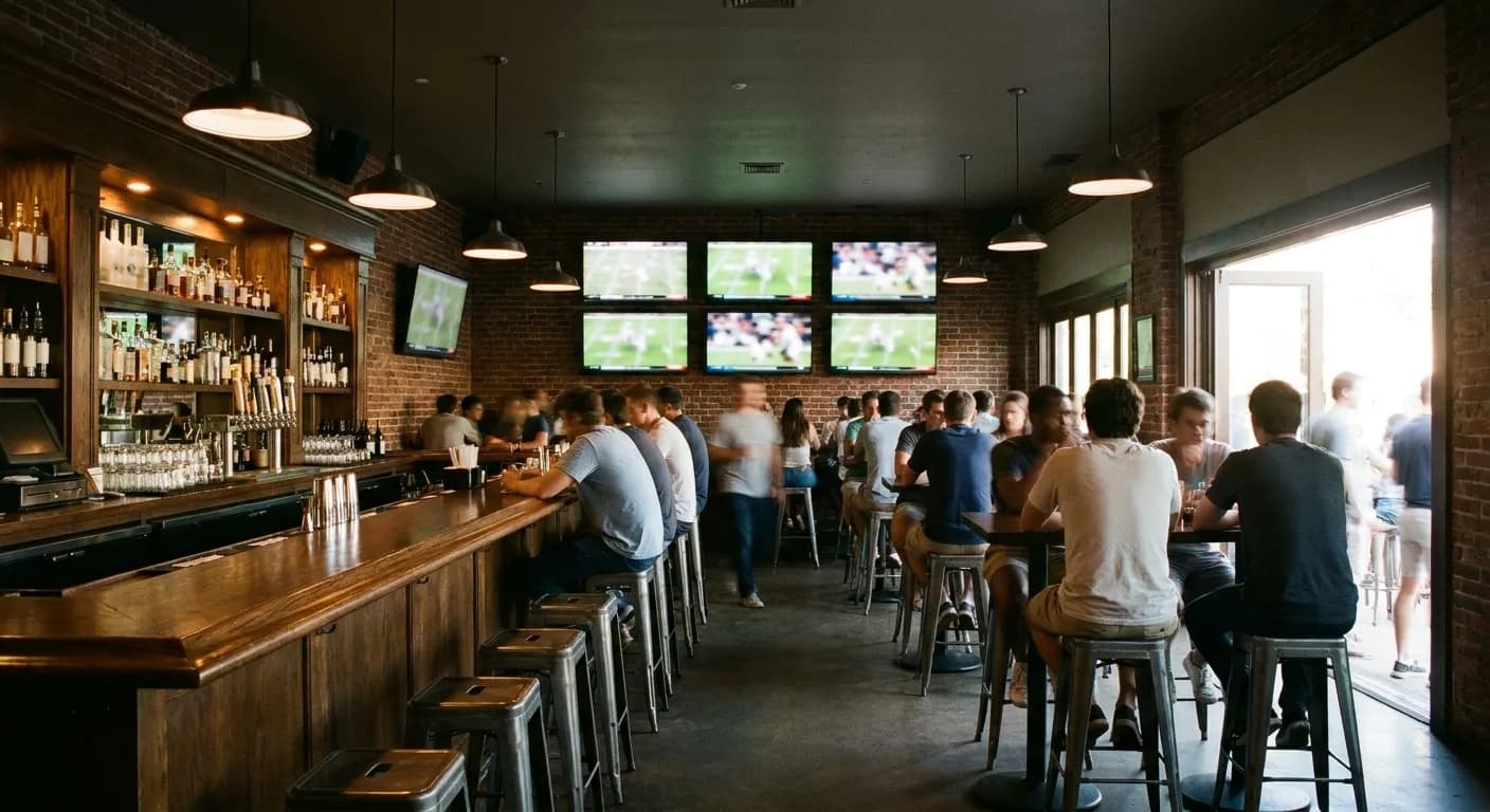 A crowded college-adjacent sports bar in the late afternoon, a bank of televisions along the back wall, high tables filled with a young crowd