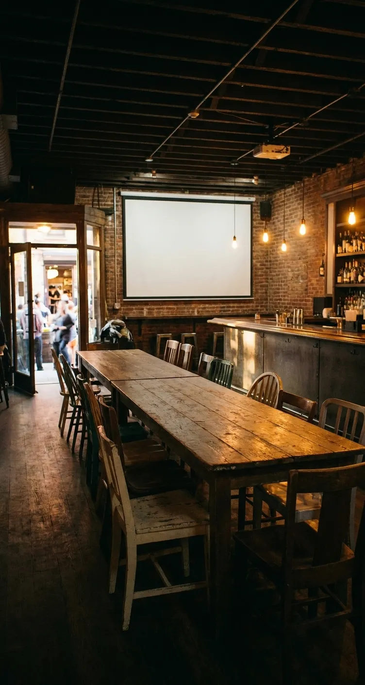 A back room in a Brooklyn bar set with one long communal table, a blank projection screen at the far end, warm pendant lighting