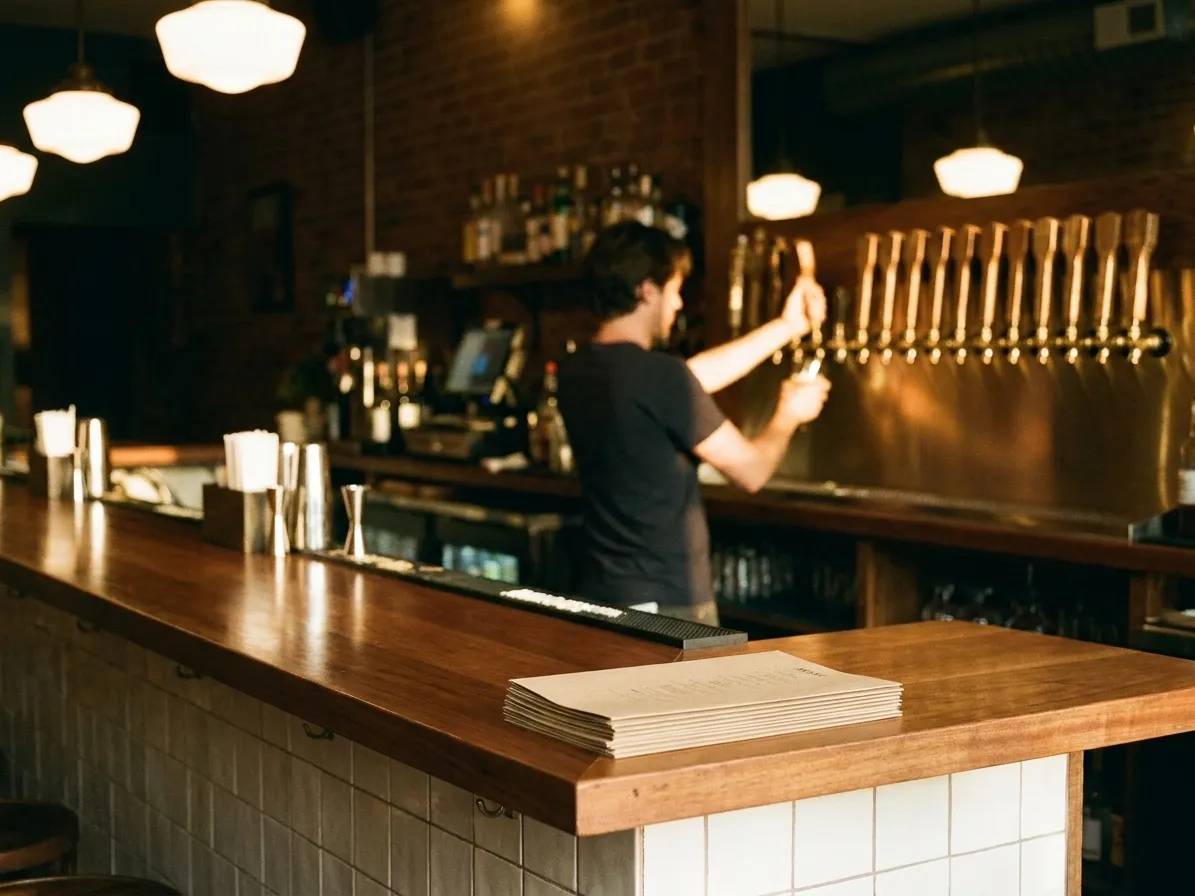 A bar counter mid-service on a weeknight, taps in a row, a bartender pouring, a stack of menus at the near end