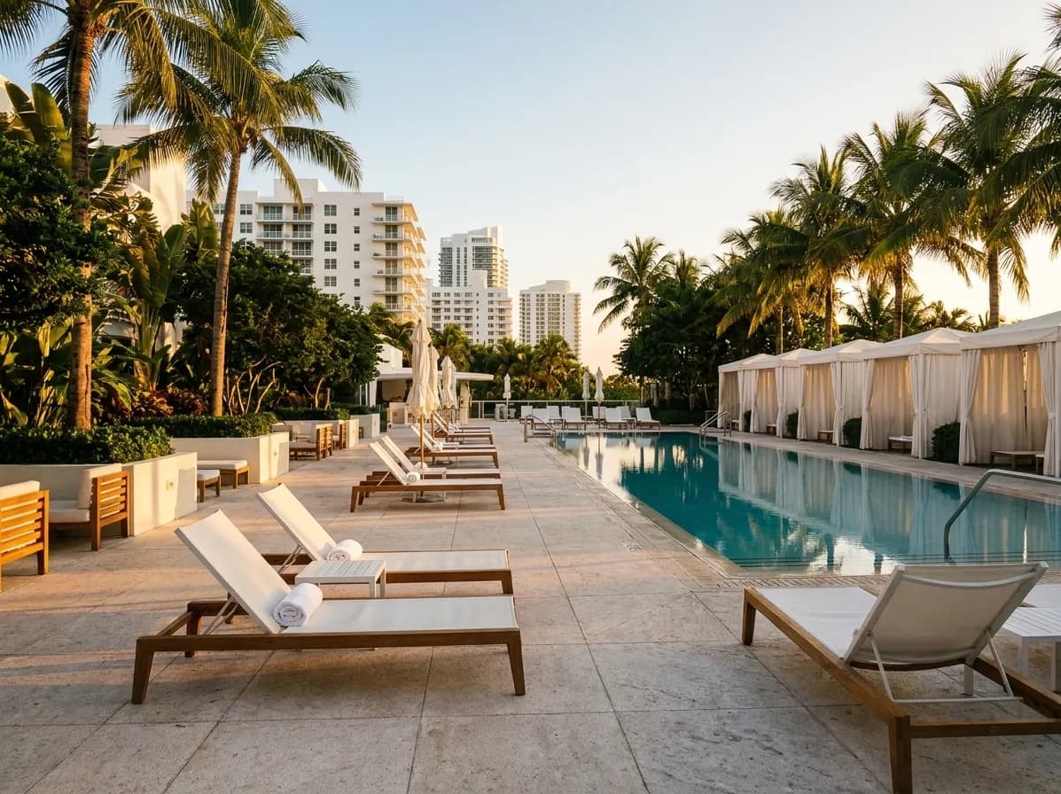 A hotel pool deck in the late afternoon, loungers and cabanas along one side, palms above, the water still and lit