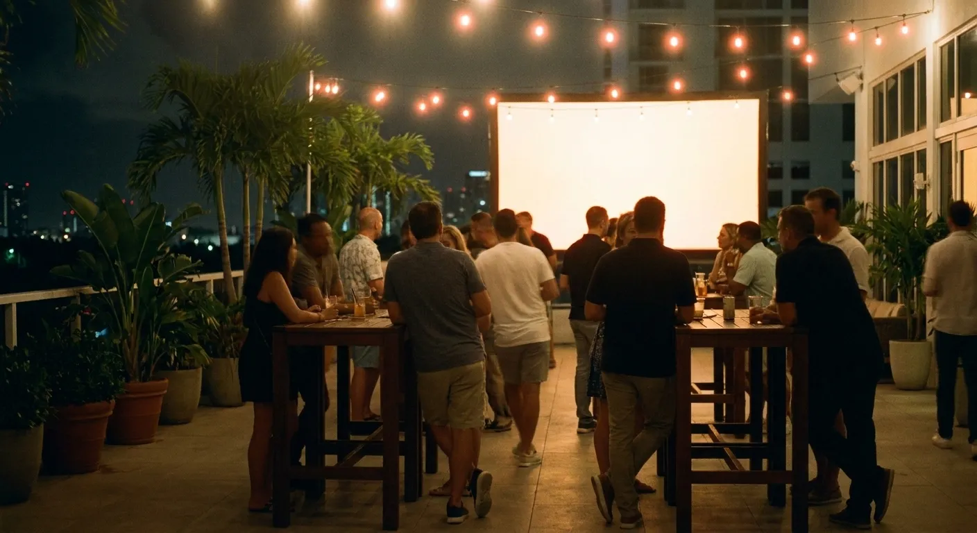 A group gathered at an outdoor terrace bar in the evening, string lights overhead, high tables, a screen glowing at one end