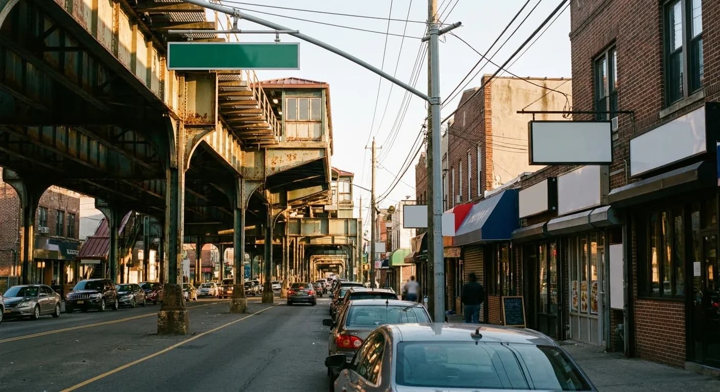 A Queens commercial street under an elevated train line, low storefronts and bar frontages along one side, evening light