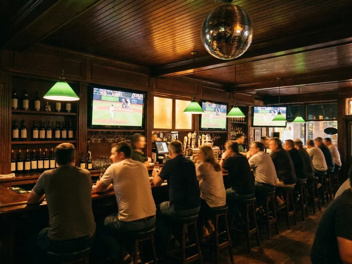 A neighbourhood Irish pub interior with a baseball game on several televisions, regulars along the bar, a disco ball above