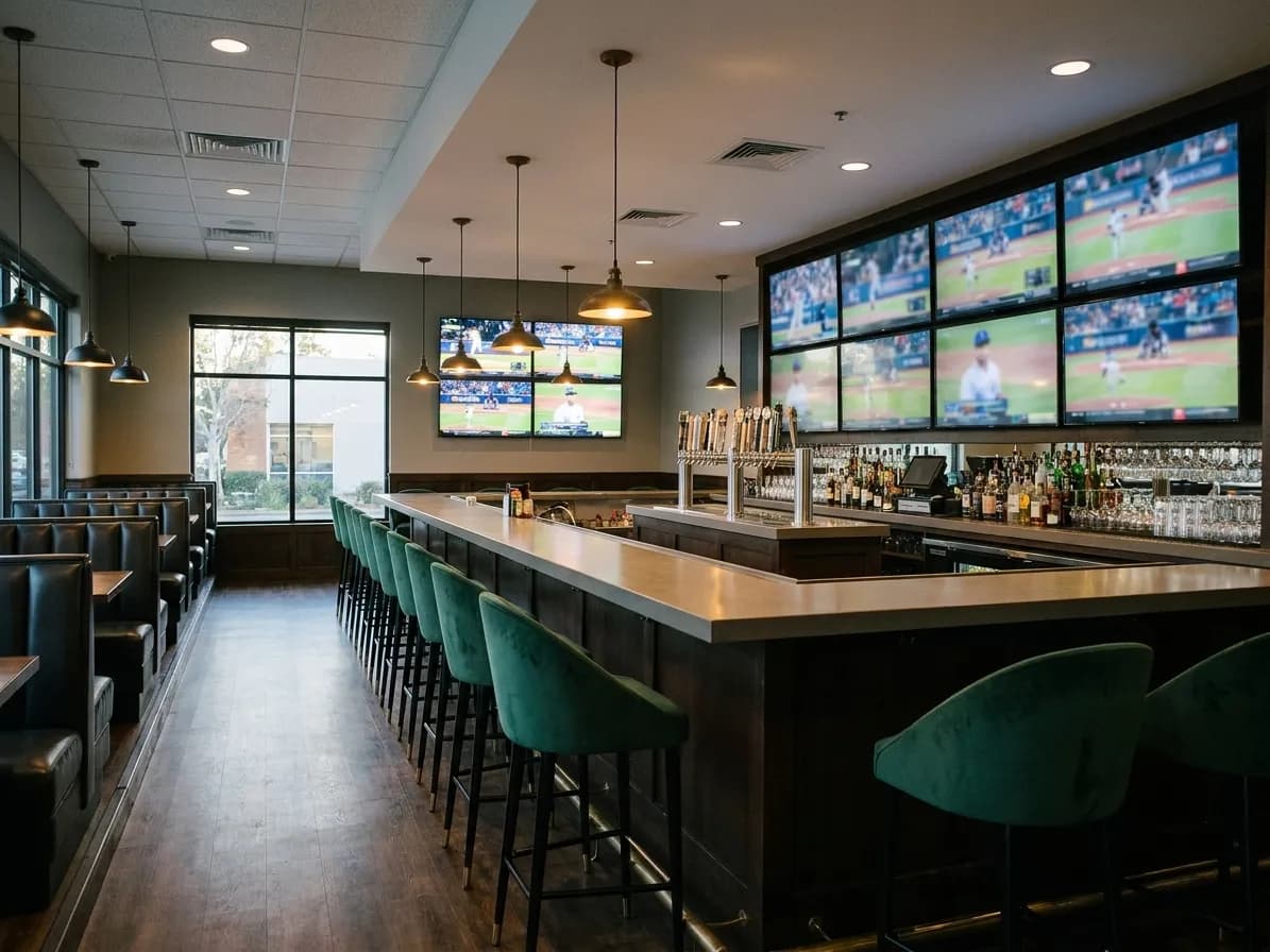 A wide sports bar interior with a bank of televisions carrying several baseball games at once, booths along one wall