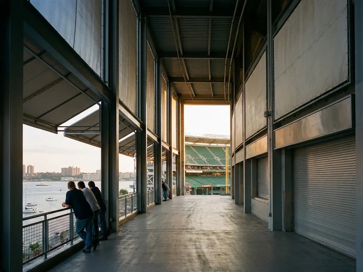 A ballpark concourse curving away from the camera, columns down one side and a bright opening onto the seating bowl