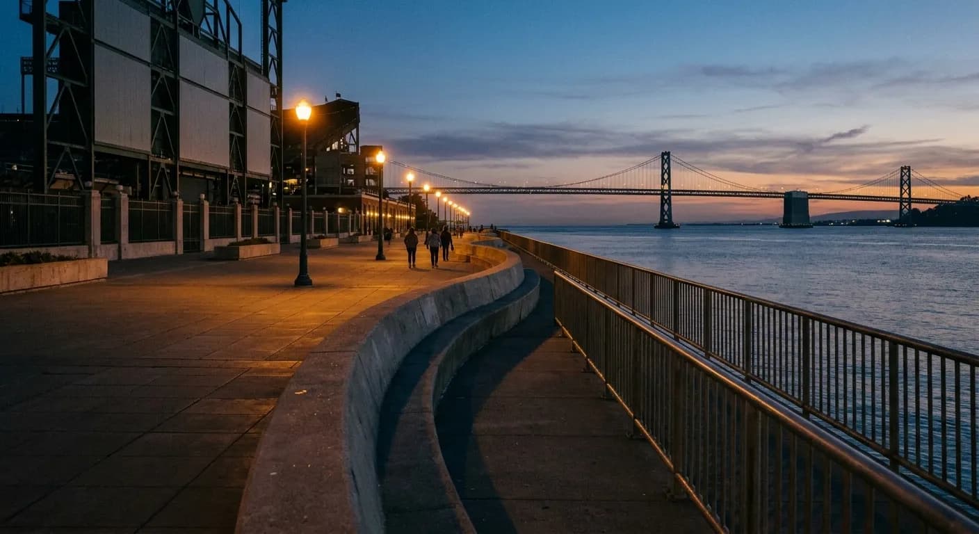 A bay-side promenade beside a ballpark in the evening, water on one side, city lights beginning behind