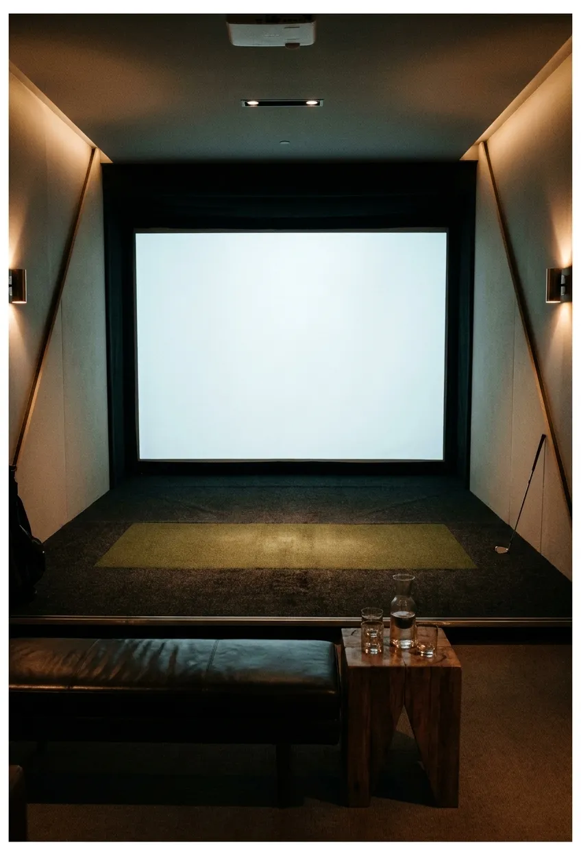 An indoor golf simulator bay with a bright projection screen at the far end, a dark hitting area and a lounge seat in the foreground