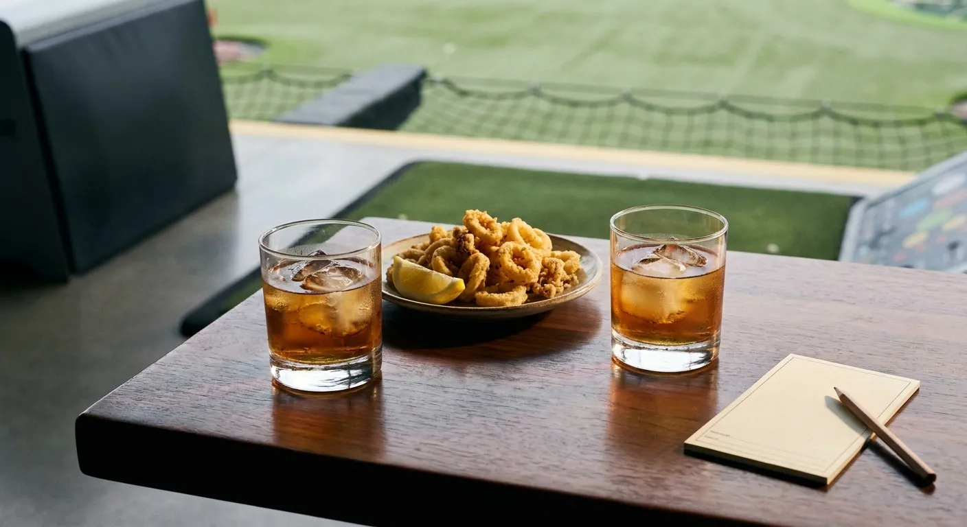 Two drinks and a small plate on a dark table beside a simulator bay, shallow depth of field