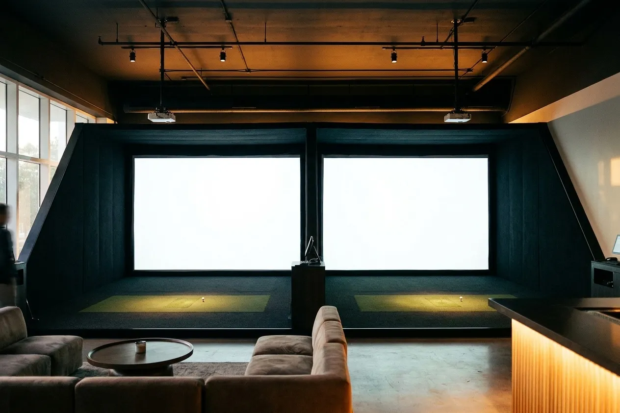 Two adjacent golf simulator bays in a large venue, bright screens at the far ends, a lounge area between them