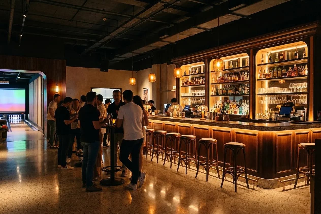 A restaurant bar inside a large entertainment venue, groups standing at high tables, warm light from a long counter