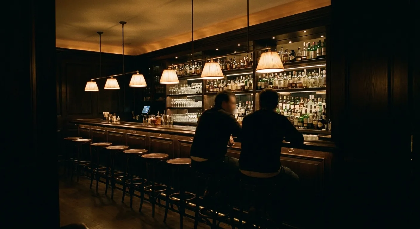A dim cocktail bar with a long back bar of rum bottles, low lamps and a scattering of stools in the foreground